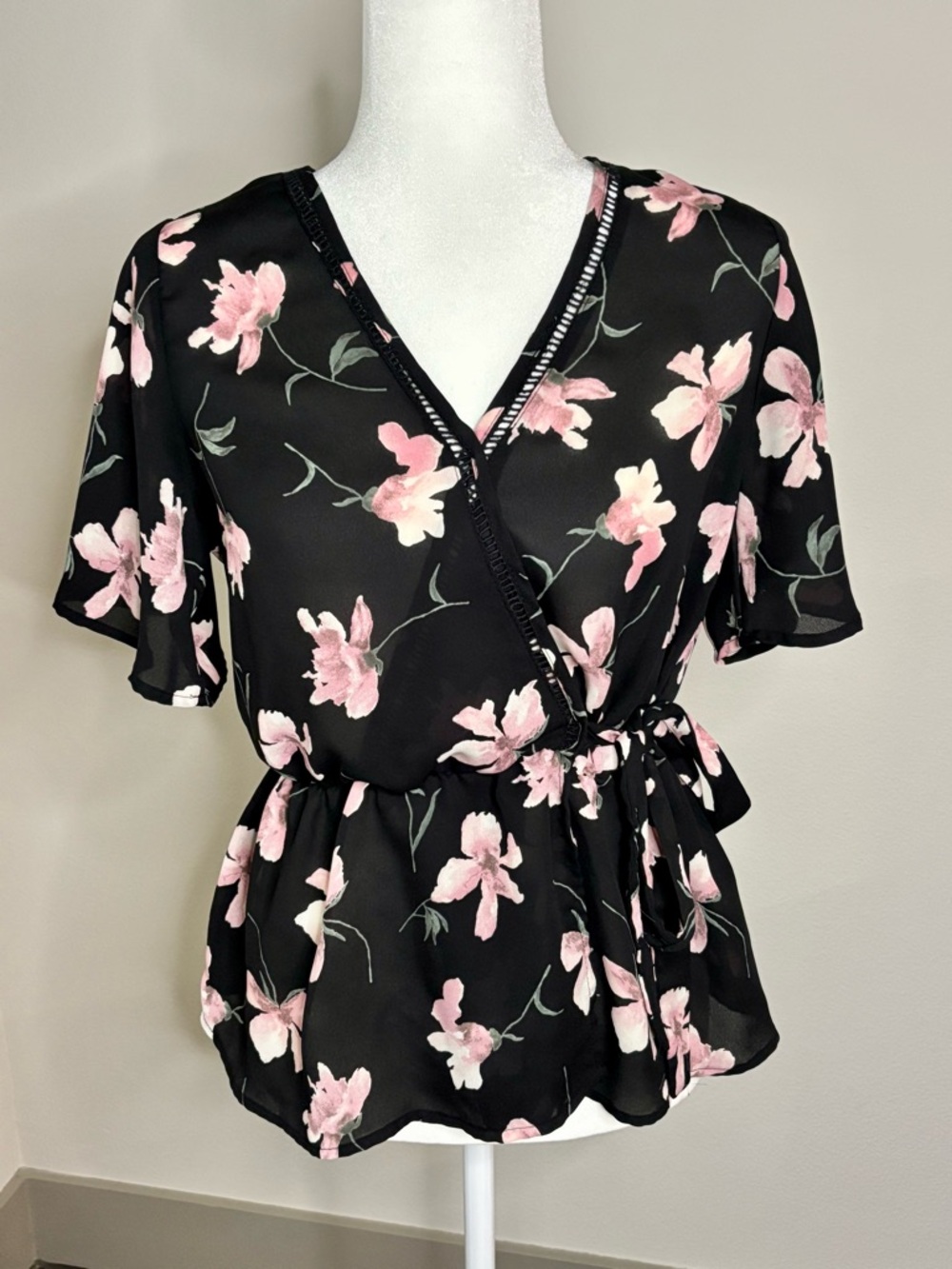 Sienna Sky Black Wrap Blouse with Pink Floral Print